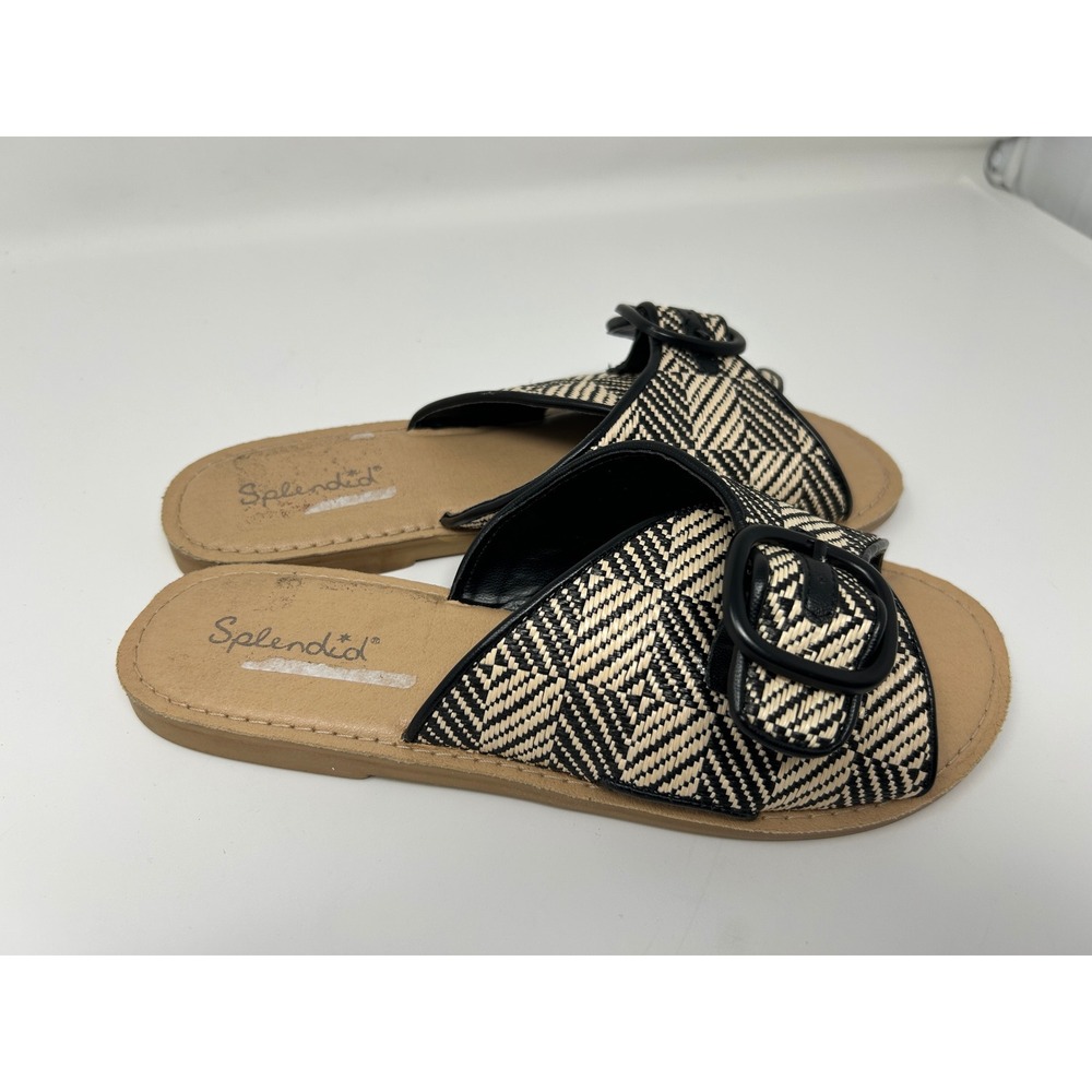 Splendid Womens Woven Geometric Buckle Slide Sandals Black Cream Boho Flats Sz 7